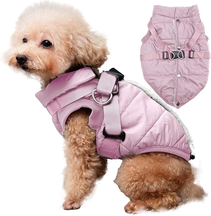 Dog Jacket with Harness,Fleece Lined Warm Puppy Coat for Winter,Soft Windproof Medium Dog Vest,Light Pink XL