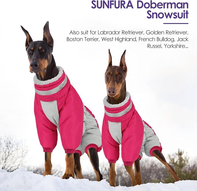 SUNFURA Full Body Dog Coat - Warm Fleece Jacket for Large Dogs, Turtleneck Winter Coats with Harness, Reflective Windproof Dog Snowsuit with Legs for Labrador,Golden Retriever, Hot Pink 2XL
