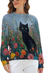 Long Sleeve Shirts for Women Cat Oil Painting Shirt 3D Graphic Sweatshirts Fall Pullover Crewneck Vintage Boho Tops