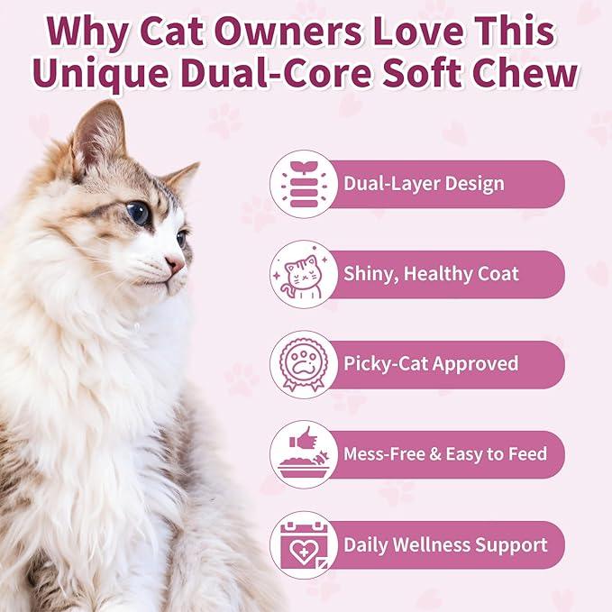 Omega 3 for Cats - 500 Skin & Coat Health Crunchy & Creamy Chews with Omega 3, Biotin & Vitamin E for Healthy Skin, Shiny Fur, Cat Supplements & Vitamins -Chicken Flavor