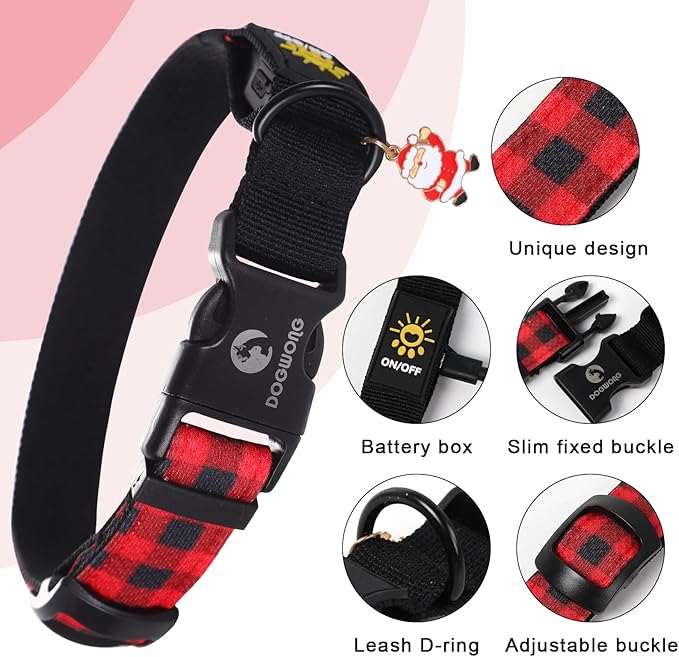 DOGWONG LED Dog Collar - Christmas Red Plaid Heavy Duty Light up Dog Collars - Rechargeable Waterproof - Lighted Dog Collars for Night Walking, Hiking, Camping(Red Plaid,S)