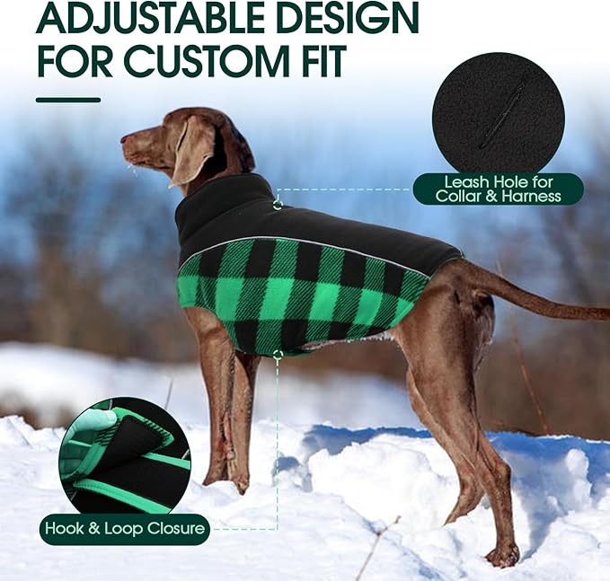 Kuoser Dog Winter Coat, Reversible Waterproof Dog Jacket with Reflective Strip, Warm Dogs Fleece Vest Adjustable Doggy Cold Weather Clothes Plaid Christmas Outfit Pet Apparel for Large Dogs, Green 2XL