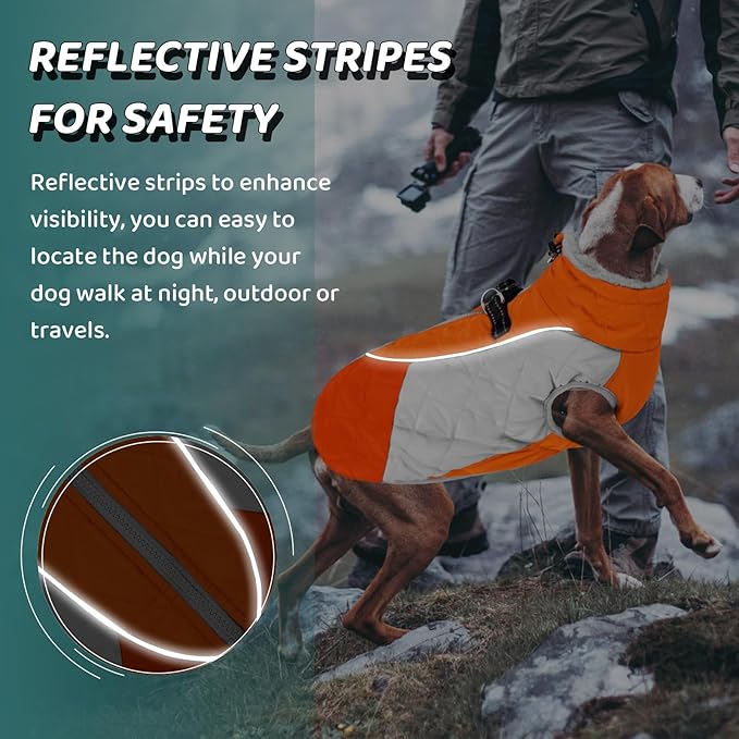 AOFITEE Dog Coat, Dog Winter Coat, Reflective Small Dogs Jacket with Harness Built in and Fleece Lined, Waterproof Pet Winter Jacket Warm Snowsuit for Small Medium Large Dogs, Orange XS