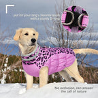 FUAMEY Dog Coat for Large Dogs,Waterproof Dog Winter Jacket with Harness Built in Puppy Cold Weather Coats Reflective Pet Vest with Zipper Warm Fleece Dogs Snowsuit Windproof Pink Leopard L