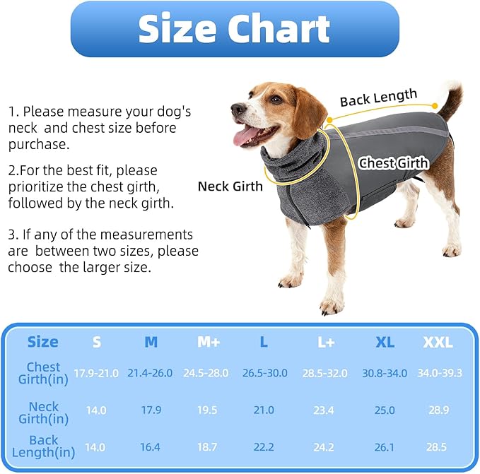 SlowTon Winter Dog Coat, Warm Polar Fleece Lining Doggie Outdoor Jacket with Turtleneck Scarf Reflective Stripe Adjustable Waterproof Windproof Puppy Vest Soft Pet Outfits (M,Grey)