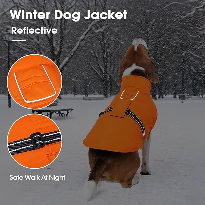 IECOii Large Dog Coat - Reflective, Adjustable & Windproof, Warm Vest for Corgi & Beagle & French Bulldog, Waterproof Fleece Lined Jacket for Hiking, Quick Snap Buckles, Orange, Size L