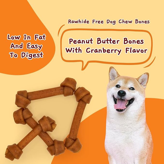 Jungle Calling Rawhide Free Dog Treats, Peanut Butter Bones, 6.5'' Pet Chews for Medium and Large Dogs,Digestible Chewing Snacks,4 Count (Pack of 1)