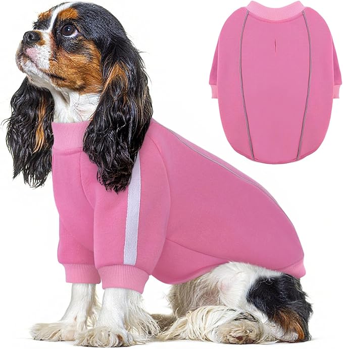 Queenmore Fleece Dog Sweater for Girl Dogs, Pullover Pink Dog Sweatshirt Sweatshirt with Leash Hole, Reflective Stripes – Cozy Winter Fleece Jacket for Small/Medium/Large Femal Puppy XS