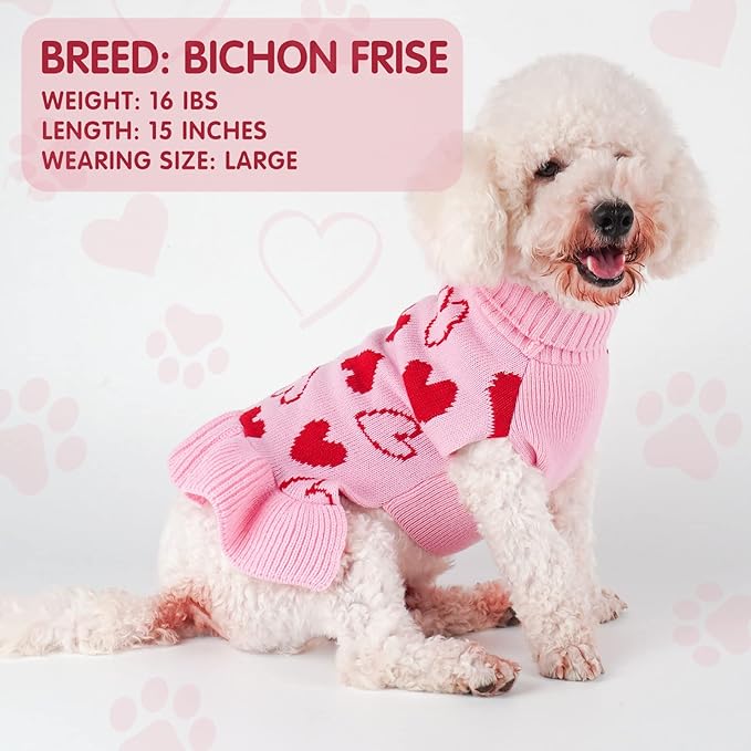 cyeollo Dog Sweater Dress Dog Clothes Pullover Turtleneck with Leash Hole Heart Pattern Holiday Outfit Female Pet Apparel Valentine Sweater for Medium Large Dogs