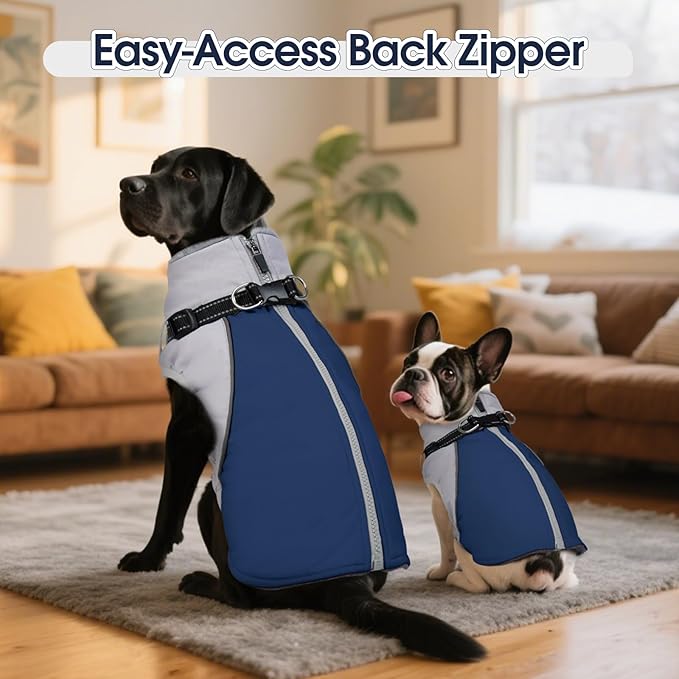 DENTRUN Dog Coat with Harness Built in, Easy On/Off Zipper Closure Winter Dog Vest, Water-Repellent Fleece Lined Warm Jacket with Reflective for Large Dogs, Dark Blue, XXL