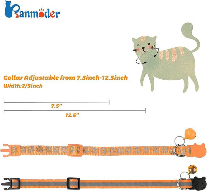 BANMODER 2 Pack Reflective Cat Collar Breakaway with Bell,Personalized Kitten Collars,Adjustable Safety Buckle Collar for Male Cats Girls & Boys (Orange)