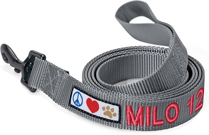 Pawtitas Personalized Dog Leash Embroidered Customize Leash with Your Pet Name & Phone Number Leash Puppy Leash 6 ft Long Dog Leash Puppy Medium Leash Large Leash Leash Grey Custom Engraved Name