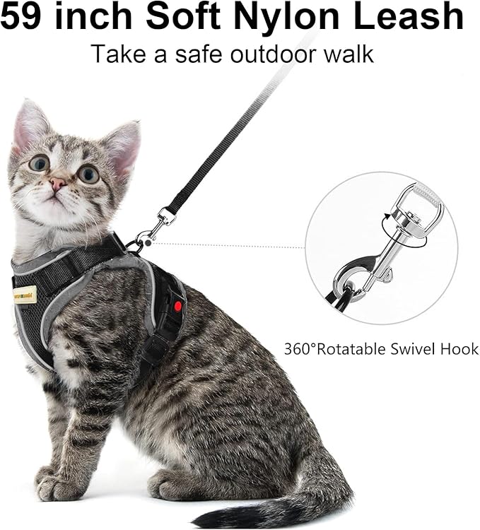 Cat Harness and Leash for Walking, Retractable Cat Harnesses and Leash Set Escape Proof, Breathable Soft Kitten Small Large Harness for Travel Training and Walking, Black, S