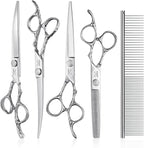 JASON Professional 6 in 1 Dog Scissors Set - 6.5" Thinning, 7" Straight, 7" Up-Curved, 7" Down-Curved Shears and Comb for Cat & Pet (Silver)