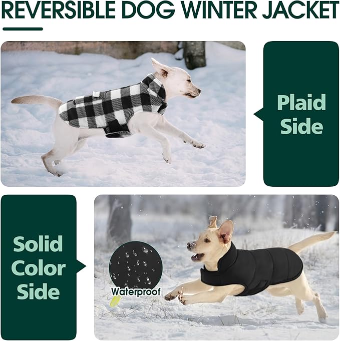 Kuoser Dog Winter Coat, Windproof Dog Fleece Jacket British Style Plaid Cold Weather Doggie Vest Coats, Reversible Cozy Warm Pet Clothes Apparel for Large Size Dogs L