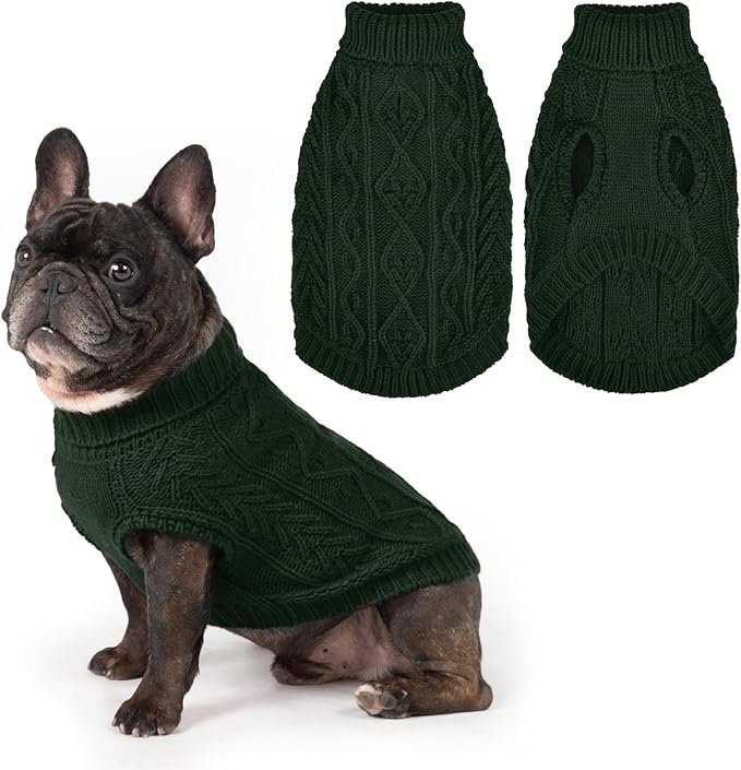 PUPTECK Dog Sweater, Turtleneck Warm Knitted Pullover Coat, Thick Cable Knitwear Clothes in Winter, Pet Apparel Outfits for Small Medium Dogs, for Cold Weather Indoor & Outdoor, Deep Green S