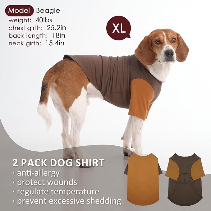 2 Pack Large Dog Shirts for Summer - Stretchy Breathable Cotton Dogs T-Shirt, Protect Skin Easy On and Off Clothes for French Bulldog, Pug, Daily Wear, Walk, Park, Travel, Beach Trips, Brown