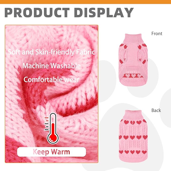 KOOLTAIL Cable Knit Dog Sweater Turtleneck, Cold Weather Pullover Classic Knitwear, Snowflake Pattern Thick Warm Winter Pet Clothes,Dog Christmas Sweater for Small Medium Large Dogs,Pink Heart S