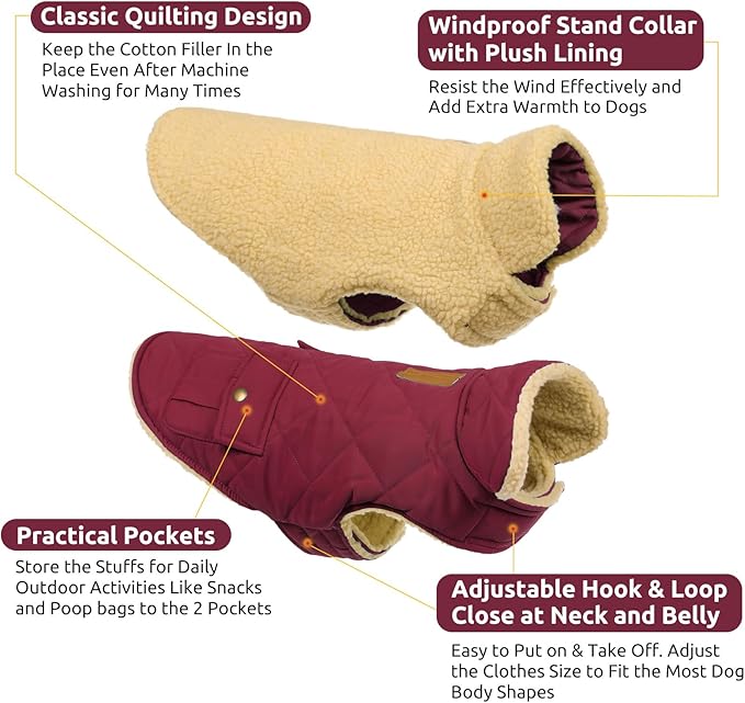 Queenmore Dog Winter Coat Warm Puffer Jacket Waterproof Plush Lining Thermal Cold Weather Vest for Small Medium Large Dogs, Windproof Easy On Pet Jacket Burgundy L