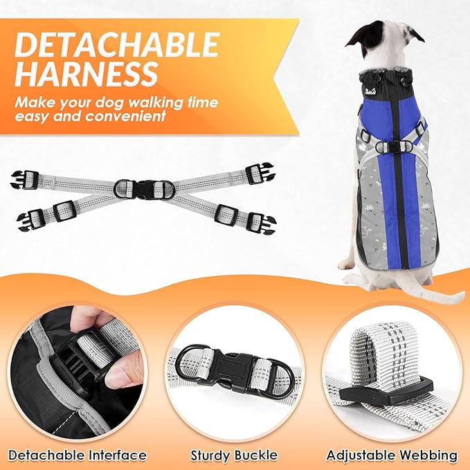 SlowTon Dog Jacket with Harness Built in - Waterproof Fleece Winter Warm Dog Coats for Small Medium Dogs, Reflective Adjustable Furry Puppy Vest Clothes for Outdoor Walking (Blue,XS)