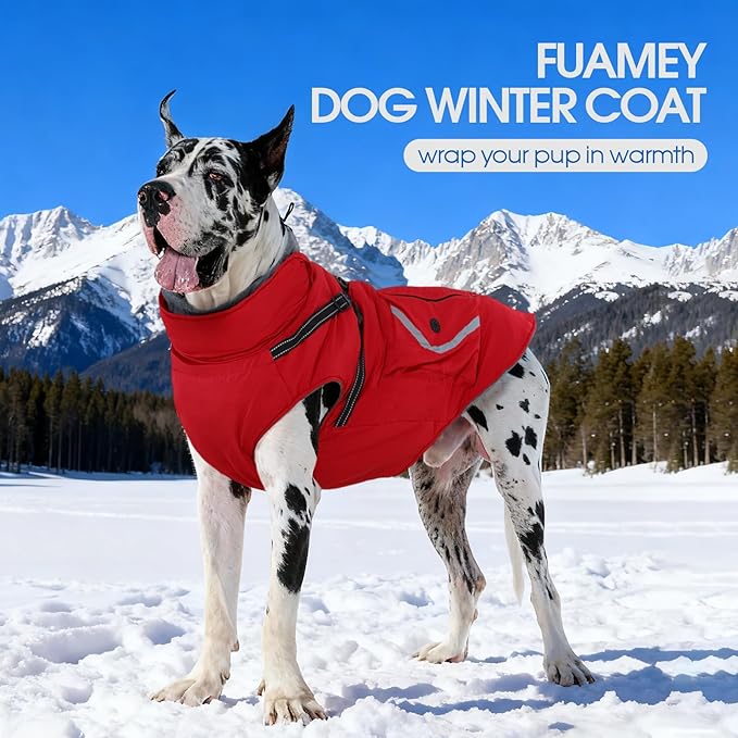 FUAMEY Small Dog Winter Coat with Harness Built in, Fleece Lined Dog Jacket Turtleneck, Pet Vest with Pockets, Back Zipper Puppy Winter Clothes, Doggy Cover for Cold Weather, Shih Tzu (Red, S)