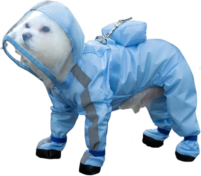 Full Coverage Small Dog Raincoat, Waterproof with Four-Leg Protection, Ideal for Teddy Bears, Includes Waterproof Mini Backpack (Blue, Large(Suggest Weight 8.8-13.2lb))