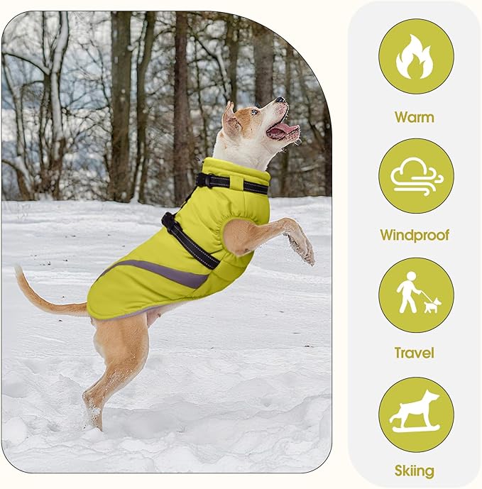 BRKURLEG Dog Winter Jackets for Small Dogs, Dog Coat with Harness Built in, Dogs Snowsuits with Zipper, Waterproof Windproof Pet Puffer Jacket Fleece Vest for Shih Tzu, Maltese, Green S