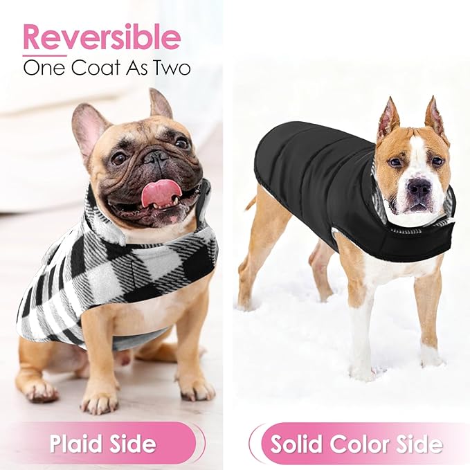 AOFITEE Dog Coat Plaid Dog Winter Coat for Small Dogs, Warm Dogs Jacket Christmas Sweater, Waterproof Pet Puffer Jacket, Reversible Pet Cold Weather Coats for Small Medium Large Pets, Black M