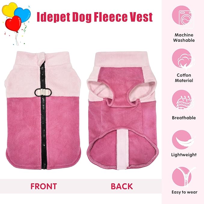 Idepet Dog Fleece Vest Sweater Zip Up Warm Pullover Dogs Jacket with D-Ring Leash Winter Cold Weater Coat Pet Sweatershirt Clothes Hoodie for Small Medium Dogs Boy Girl (Pink/Rose Red, XXS)