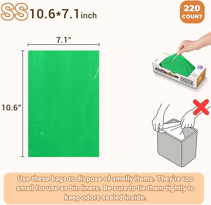 Odor-Sealing Dog Poop Bags XS, 220 Count | Unscented & Durable Disposable Waste Bags for Pet Waste, Home & Travel Use (Green)