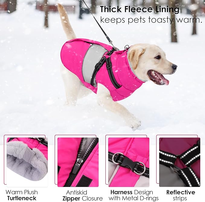 AOFITEE Small Dog Coat, Dog Winter Coat with Harness Built in, Warm Dogs Jacket with Zipper & Polar Fleece Collar, Waterproof Pet Snow Jacket Snowsuit for Schnauzer, Chihuahua Yorkshire, S
