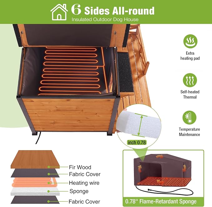 GUTINNEEN Extra Large Heated Dog House Insulated Dog Kennel Weatherproof Dog Shelter with Safe Heating Pad, Insulated Liner, Chew-Proof Metal Frame for Large Dog Breeds, 60.3" L x 50.3" D x 35.4" H