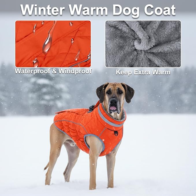 Dog Coat, Warm Dog Winter Coat for Large Dogs, Waterproof Jacket with Harness Built in, Reflective Turtleneck Cold Weather Coats with Zipper,Pet Fleece Vest Snow Jacket, Orange XXL