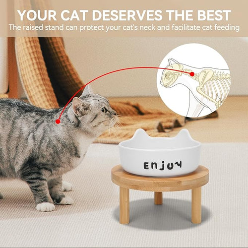 3PCS Elevated Cat Bowls,Wide Raised Ceramic Pet Dishes with Bamboo Stand, Whisker Friendly Pet Water or Food Plates Feeding Station for Indoor Small Dogs, Kitten (White(2PCS))