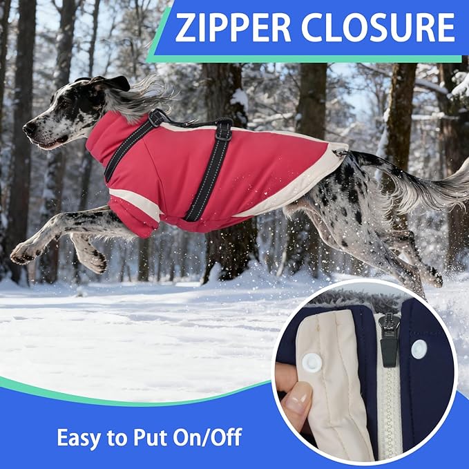 MIGOHI Dog Coat with Harness Built in, 2-in-1 Water-Resistant Dog Jacket, Thermal Fleece Lined Coat with Reflective Strips for Medium Dogs, Zip Up Closure, French Bulldog, Pink, M