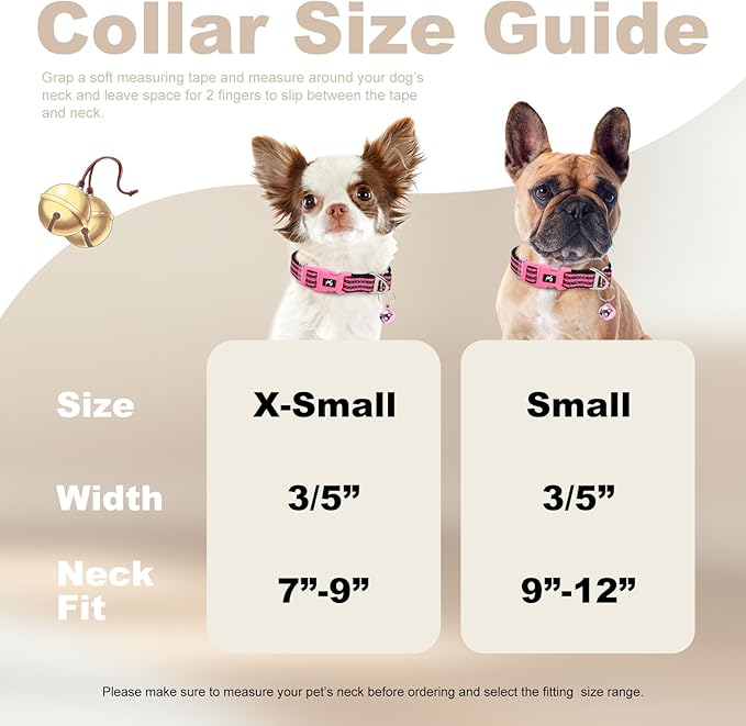 Puppy Collar with Bell Reflective - Adjustable Tiny XS XXS Breed Collar for Girl Female,Night Walk Safety Accessory（Pink XS）