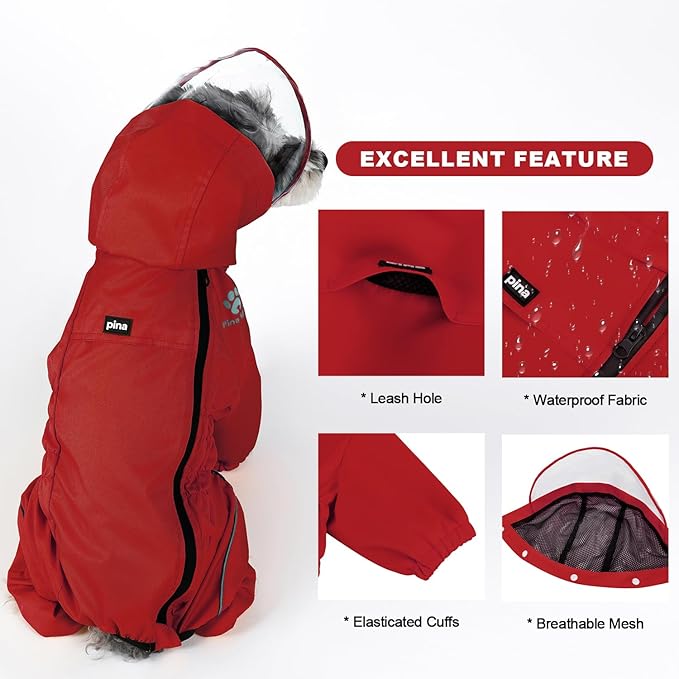 PINA Dog Raincoat, Waterproof Jacket with Hood, Lightweight Dog Coat, Poncho for Wet Weather, Full Wrap for Full Protection