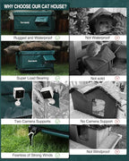 Outdoor Heated Cat House in Winter,Extremely Insulated & Weatherproof,Elevated Feral Cat Shelter with Waterproof Eaves & Escape Door for Outside Stray Barn Cat (Dark Green,M)