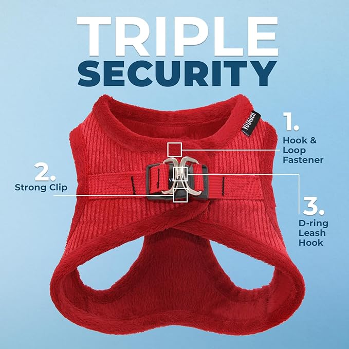 Best Pet Supplies - All Weather Mesh/Plush, Reflective, No Pull Harness for Small, Medium Dogs, Cats - Secure with Hook & Loop Fastener, Buckle, Double D-Rings - Red Corduroy, L