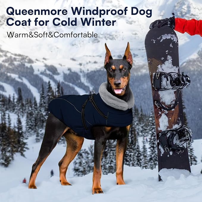 Queenmore Dog Jackets for Large Dogs, Dog Coat with Harness Built in,Waterproof Dogs Coats with Zipper On Back,Warm Fleece Lining Cold Weather Pet Coats with Furry Collar for Labrador,NavyBlue,L
