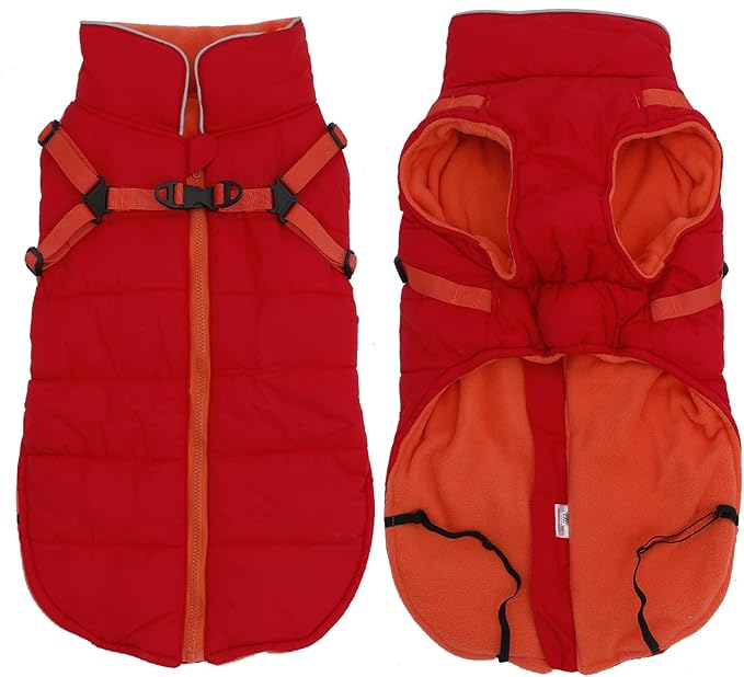 Geyecete Winter Warm Coat Waterproof Dog Winter Jacket with Harness Traction Belt,Windproof Pet Outdoor Jacket Dog Autumn-Red-XXL