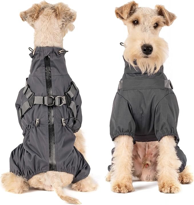 Mile High Life Waterproof Dog Raincoat, Full Coverage Small Dog Rain Coat with Harness, Adjustable 4 Legs Puppy Rain Jacket with Reflective Strip and Elastic Cuffs (Gray, M Back Length 14.6")