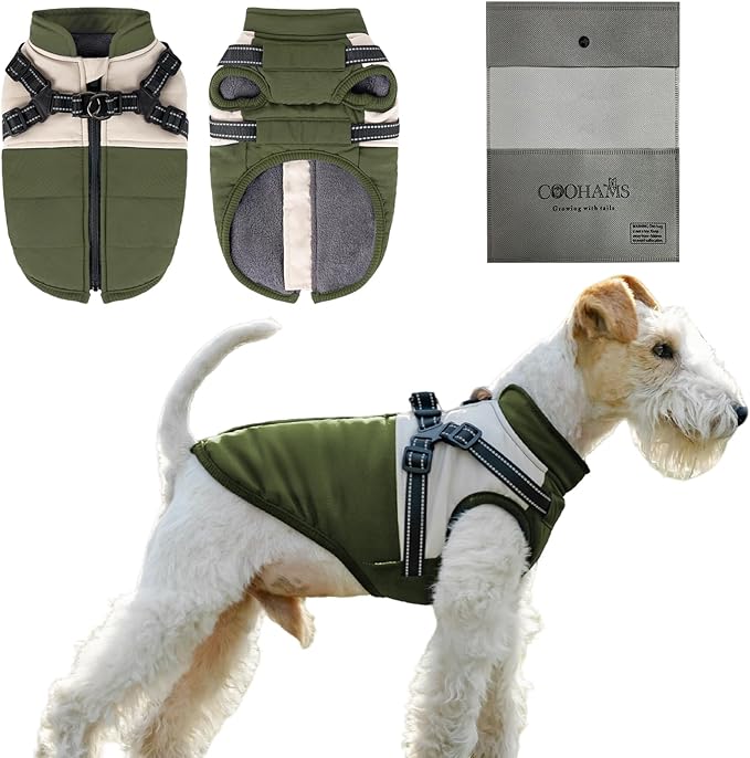 Dog Winter Coat for Small & Medium Dogs (Up to 31lb), Waterproof Dog Coat with Harness, Puppies Windproof Puppy Puffer Jacket, Snowsuit for Dachshund,Frenchie, Corgi (Classic Green, XLarge)
