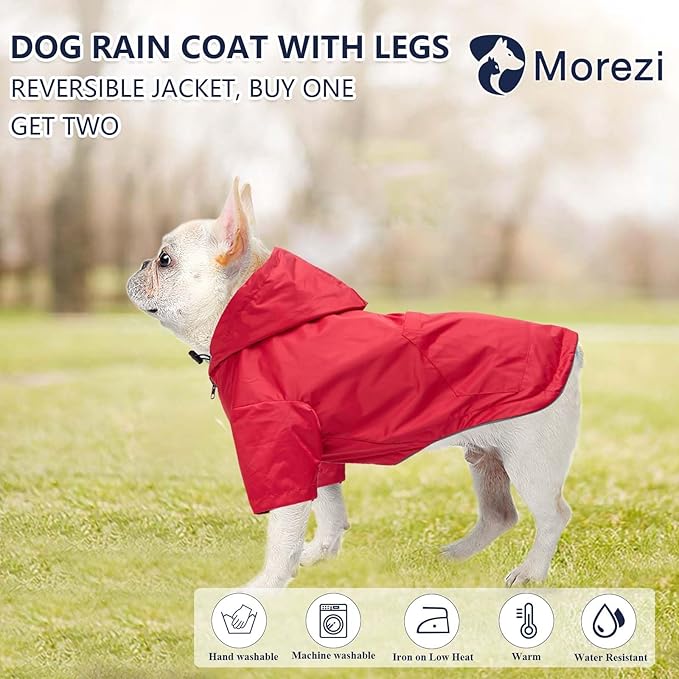 Dog Raincoat Dogs Waterproof Reversible rain Jacket Dog Small Medium Breeds Reflective Zipper Storage Pocket Harness Hole - Red - XL