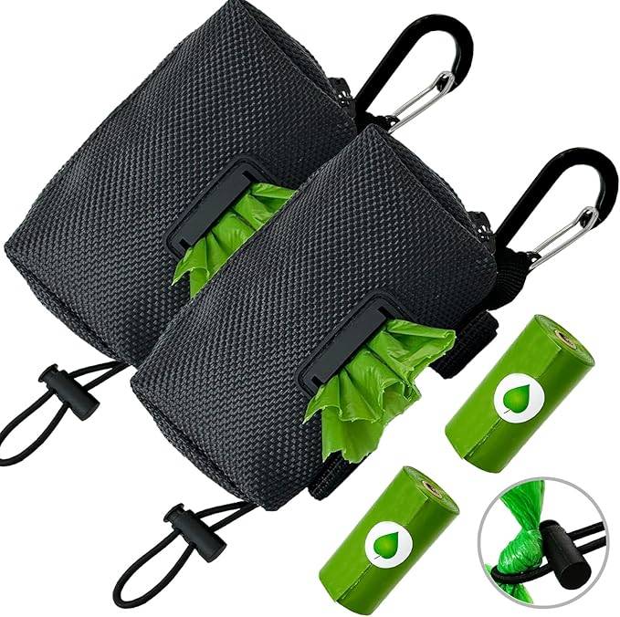 Dog Poop Bag Holder (2 Pack) Poop Bag Holder for Leash Attachment, Doggie Pet Waste Bag Dispenser, Puppy Potty Carrier Small Doggy Zipper Pouch with Carabiner Clip, Black