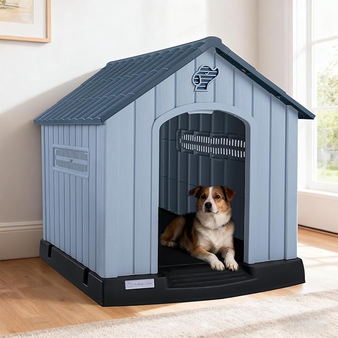 LEMBERI Large Plastic Dog House for Medium Large Dogs, Durable Waterproof Indoor Outdoor Doghouse with Air Vents and Elevated Floor, Easy to Assemble (Blue, 38.7" L x 36.8" W x 39.1" H)