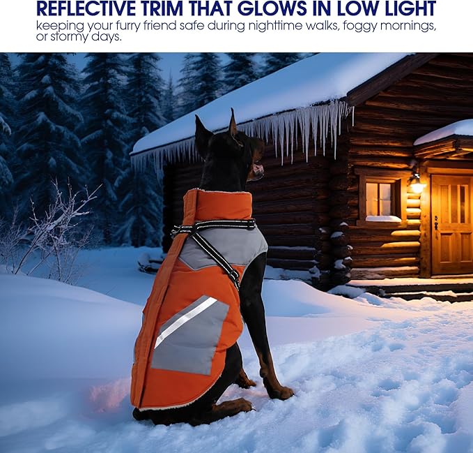 FUAMEY Dog Winter Jackets for Small Dogs,Dog Coat with Harness Built in,Waterproof Dogs Snowsuits Warm Pet Jacket Zip Up Fleece Cold Weather Coats Reflective Puppy Vest with Pocket Orange S