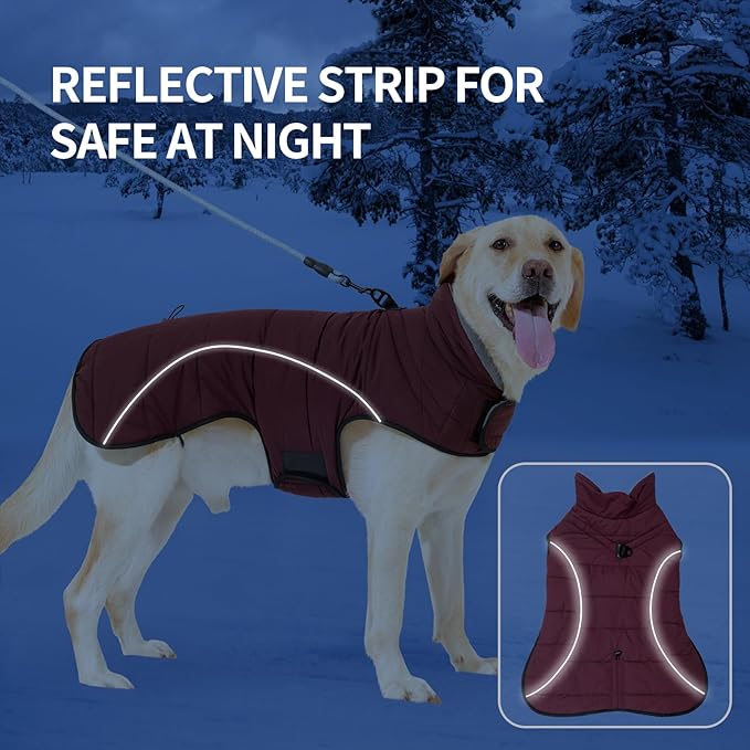 HEYWEAN Dog Winter Coat - Waterproof Windproof Reflective Vest for Medium & Large Breeds Adjustable Warm FleeceLined Jacket with Magic Tape & D-Ring for Leash Cold Weather Apparel (Red, Large)