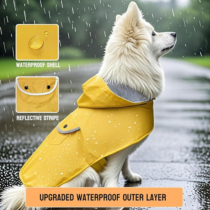 Dog Raincoat Dogs Rain Jacket Reflective Poncho Rainwear Waterproof Pet Clothes Warm Lined Pocket Hooded Leash Hole Adjustable Small Medium Dogs,Yellow,XL,Back Length 14.0 Inch