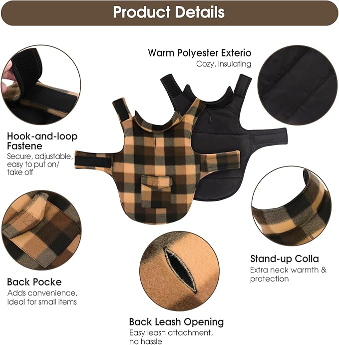 ASENKU Dog Winter Jacket Plaid Reversible Vest, Waterproof Dog Coat for Cold Weather, Perfect for Small to Large Dogs (Coffee, XS)